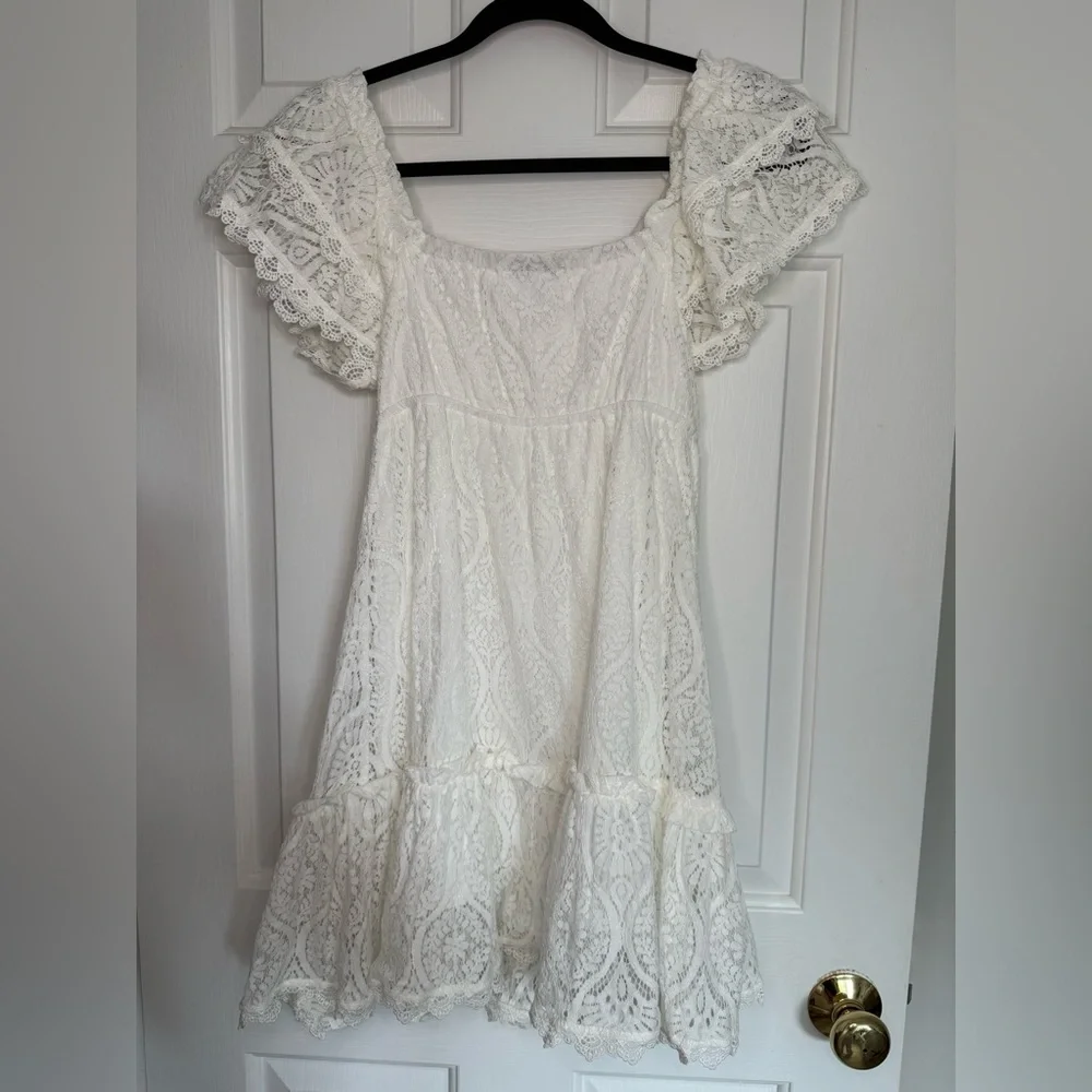 White Lace Dress with Flutter Sleeves - Picture 2 of 4